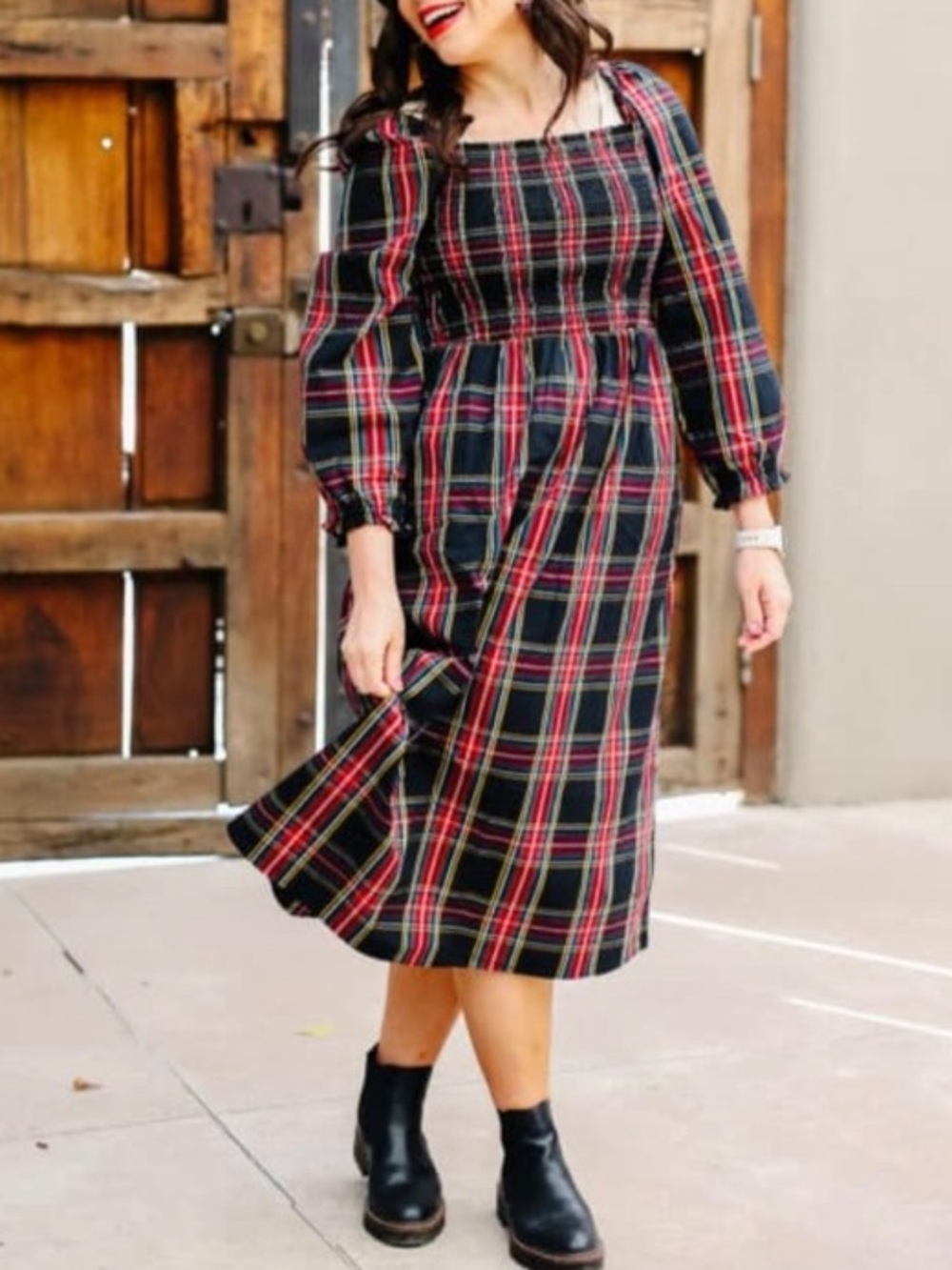 J. Crew Tartan Plaid Cotton Poplin Smocked Bodice Midi Dress